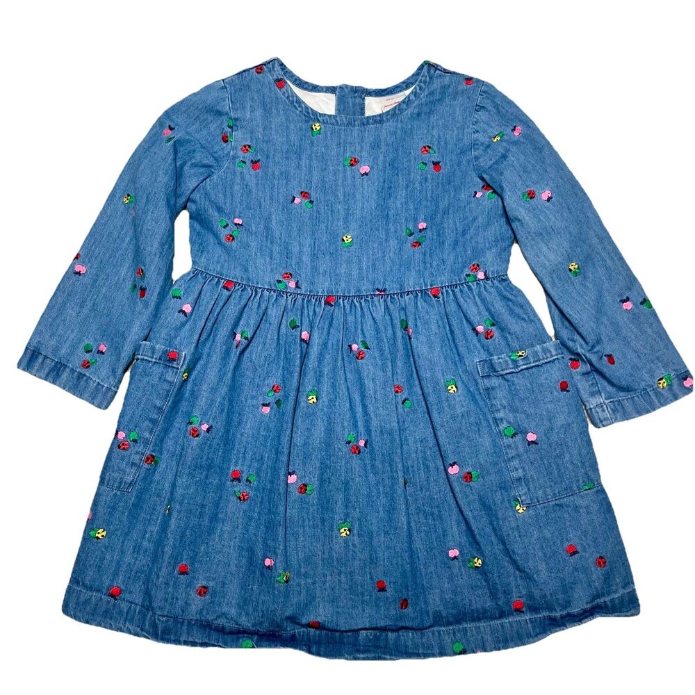Hanna Andersson Denim Embroidered Floral Lady Bug Dress Girls Size 5 Lined 110cm